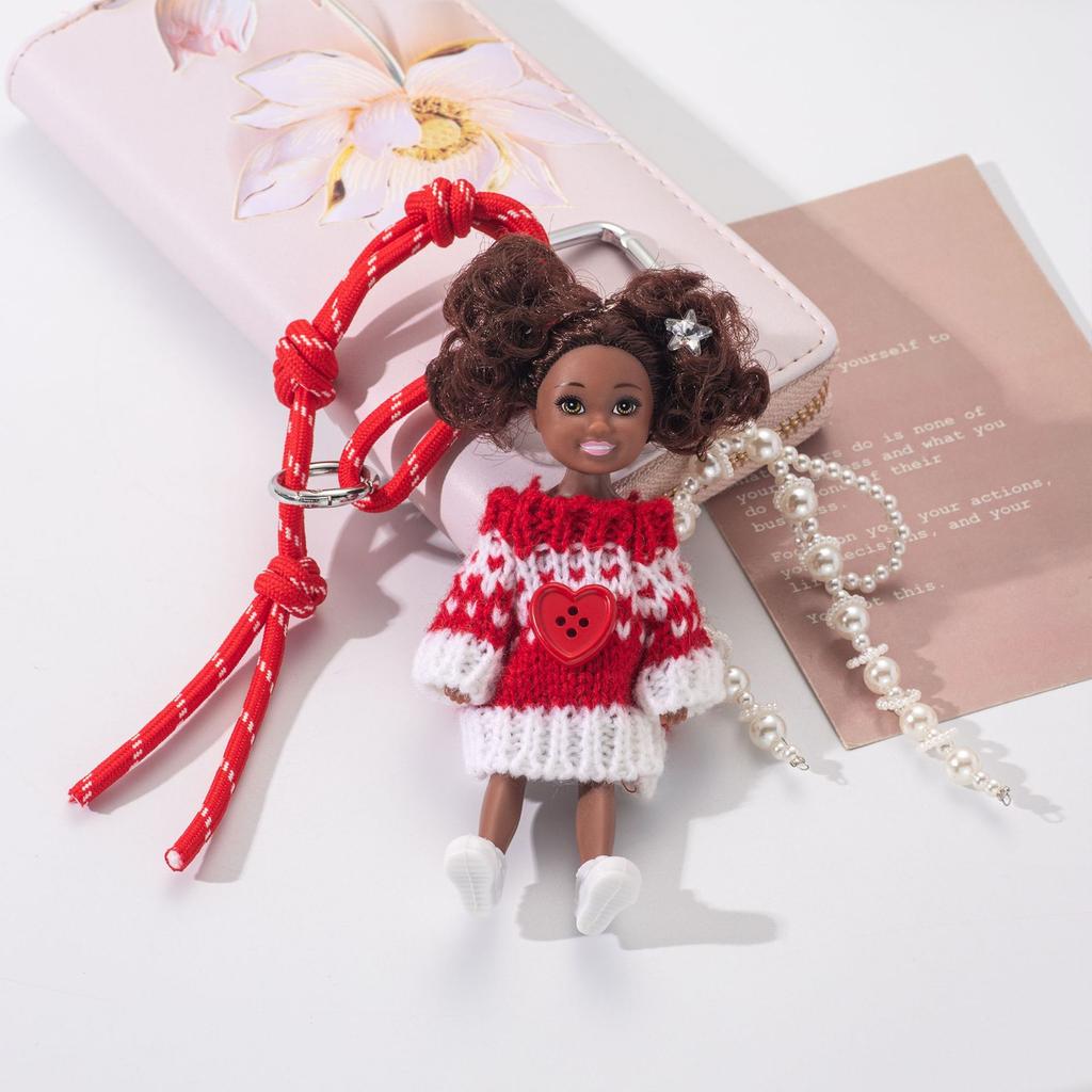 Latest Cute Fashion Black Skin Doll Pendant Creative Red Lanyard Bead String Decoration Girls Bag Pendant Accessories Kids Toys