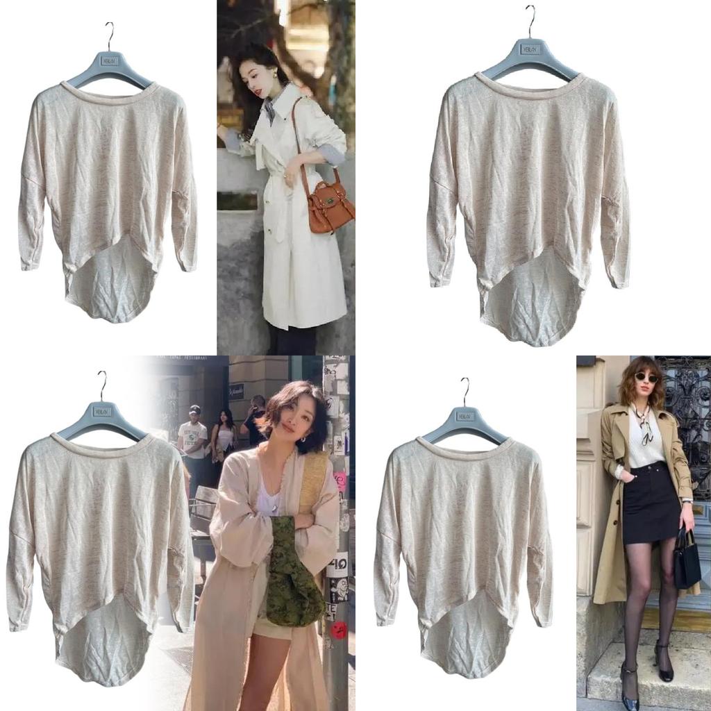 T-shirt Casual da Donna in Cotone a Maniche Lunghe con Vestibilità Larga e Orlo Curvo