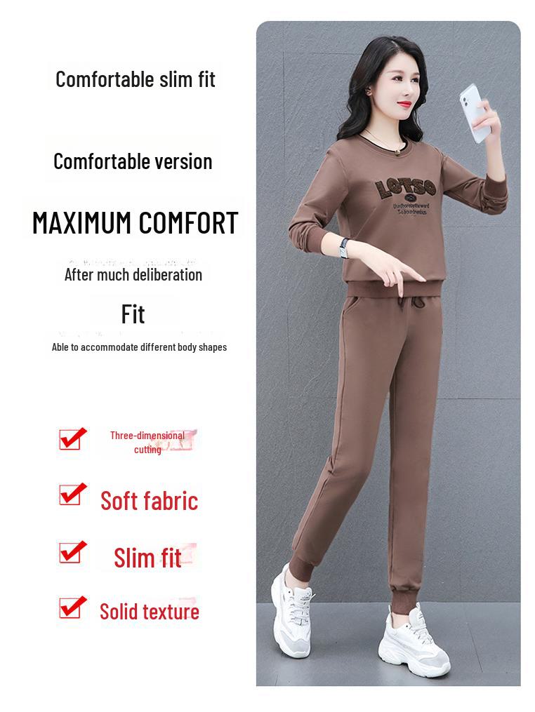 Khmer Embroidered Casual Sport Suit for Women - Spring/Autumn Age-Reducing Sweater & Sweatpants