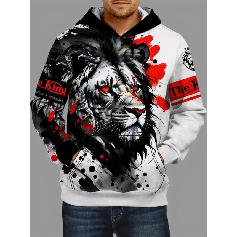Lion 3d Print Hoodies For Men, Graphic Hoodie With Kangaroo Pocket, Comfy Loose Trendy Hooded Pullover, Mens Clothing For Autumn