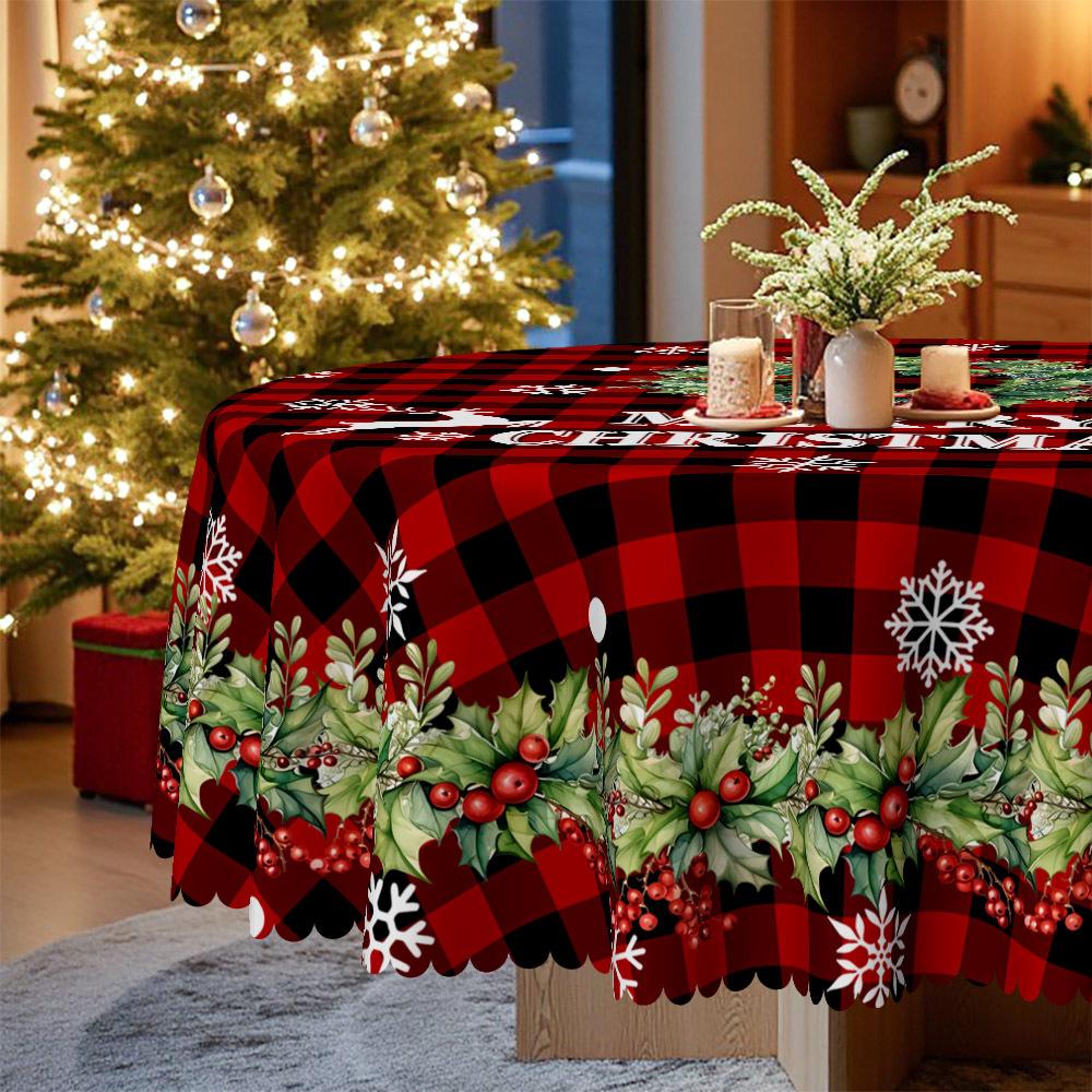 Red Black Checked Christmas Tablecloth, Snowflake Reindeer Merry Christmas Print, Rectangular Table Cloth