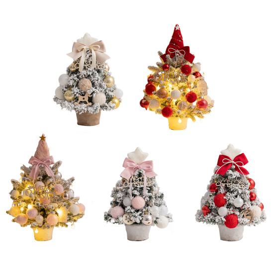 Mini Snow Flocked Christmas Tree Tabletop Artificial Christmas Tree with LED Lights Small Pine Tree with Balls And Bow for Desk Windowsill Decor