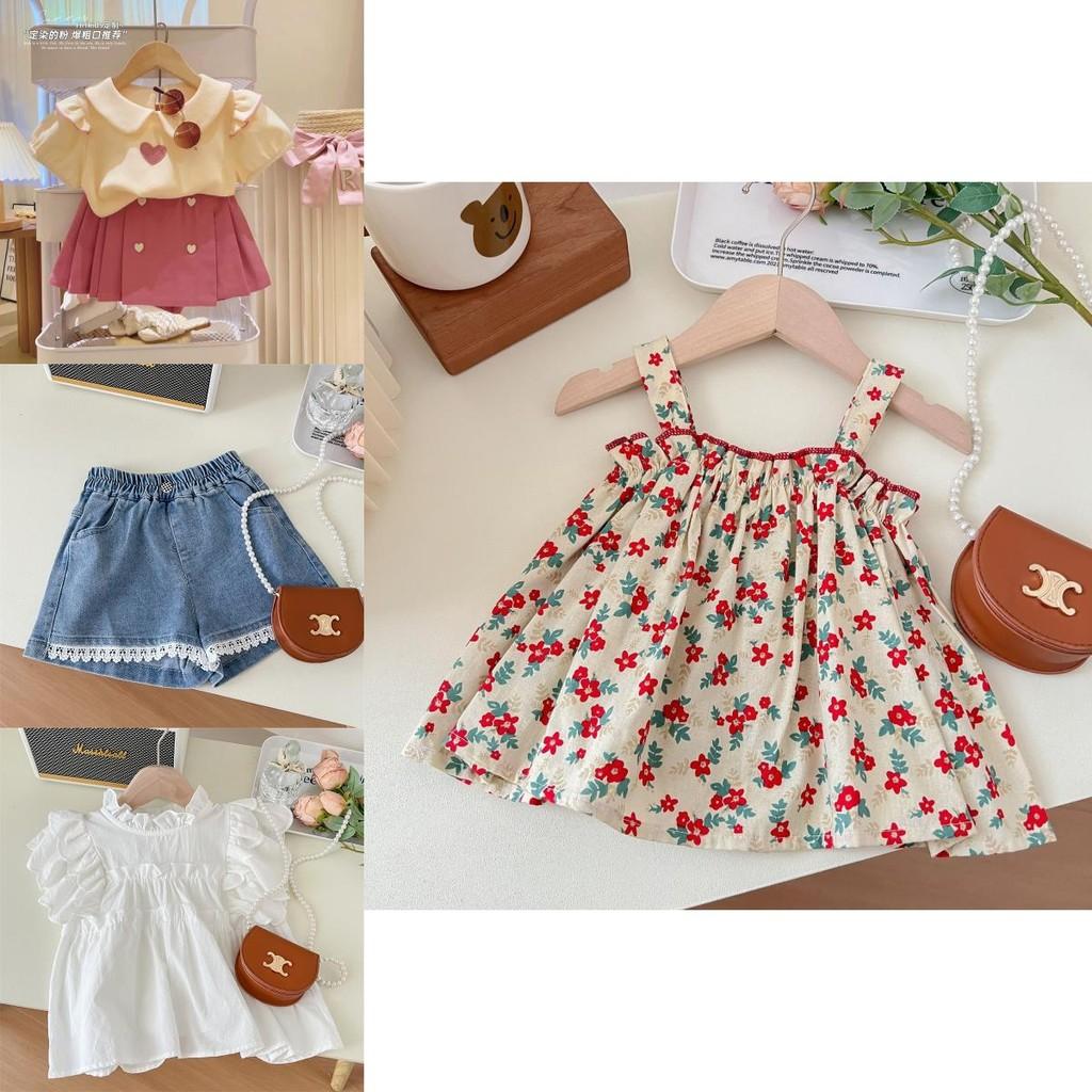 Adorable 2024 Summer New Girls Set Cute Lace Top And Trendy Korean Denim Shorts For Ages 3 To 8