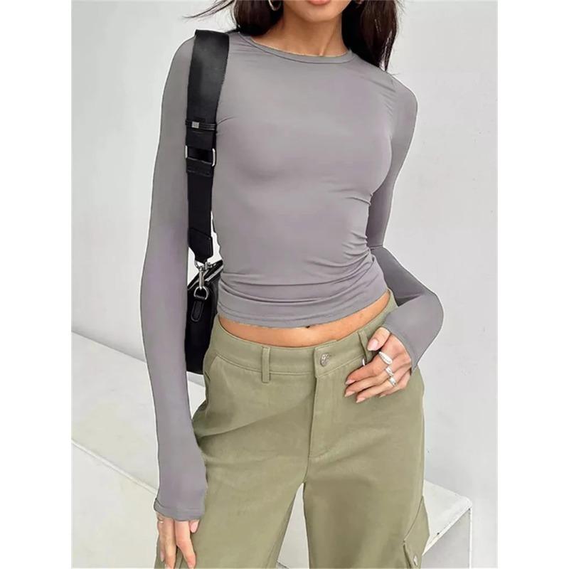 Autumn Women Slim Round Neck Cropped Tops Long Sleeve Show Navel Solid Temperament Color T-Shirt