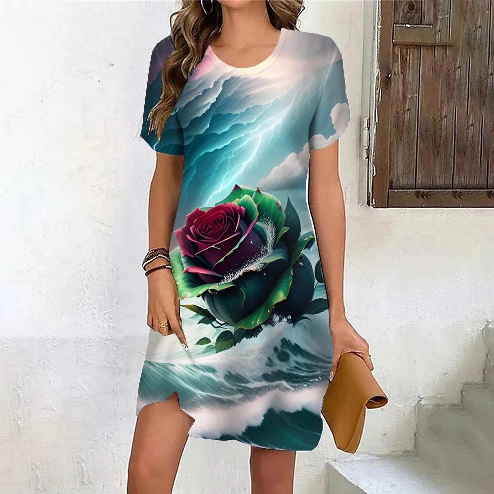 New Summer Beach Party Dresses For Women Vintage Tie Dye Red Rose Flower Print Dress Short Sleeve Pullover Loose Plus Size Dress