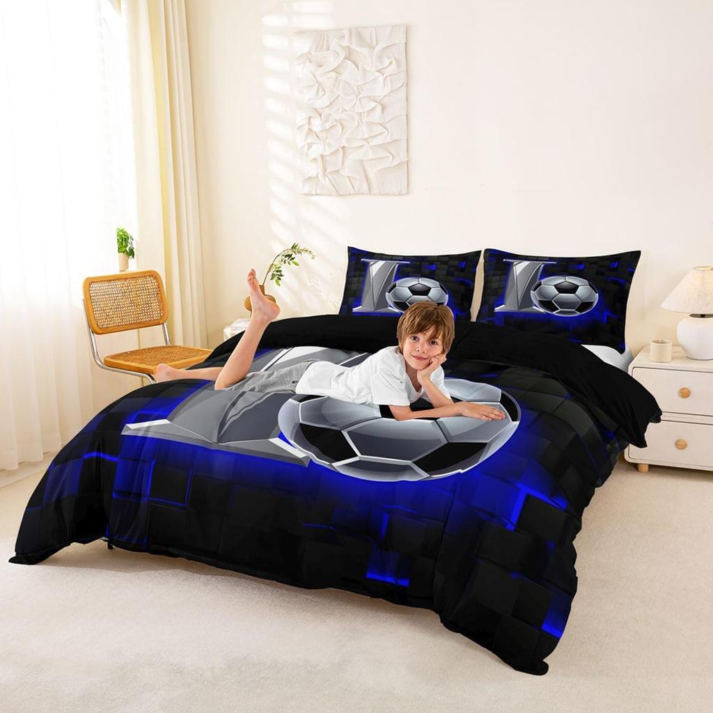 Soccer Single Duvet Cover Set Football Initial Letter I Bedding With 1 Pillowcase Neon Black Blue Gaming Checkered