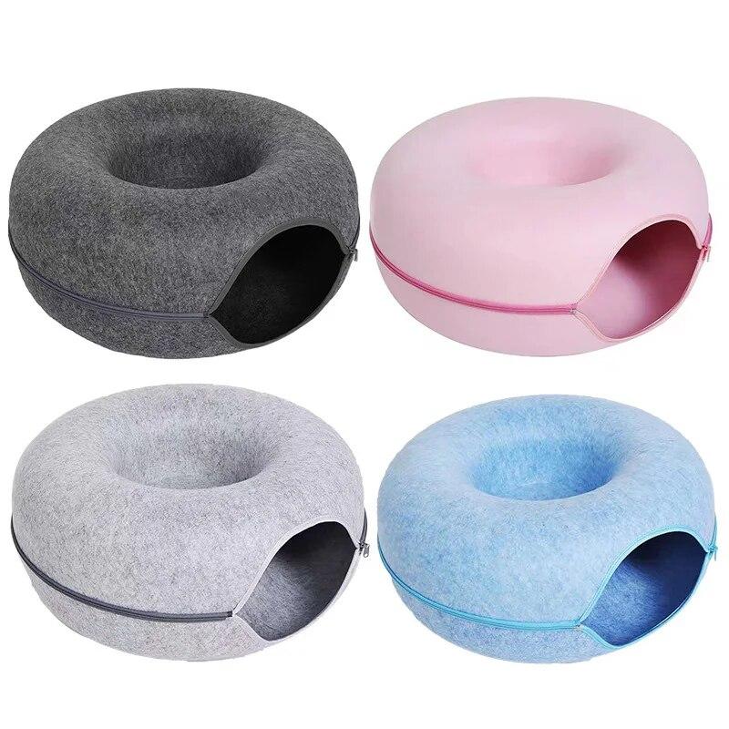 Cat Bed Donut Shape Pet Interactive House for 2 Cats Felt Tunnel Kitten Beds Removable Half Closed Cat Cave Nest Pets Supplies