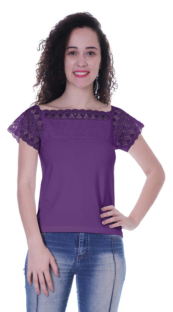 Moomaya Lace Sleeve Tops For Women Plain Boat Neck Tee Shirt
