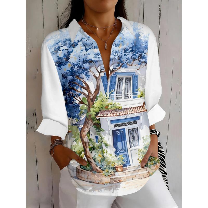 Women's Blouse Shirt Abstract Oil Painting Print Long Sleeve Casual Top