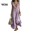 Mid-length Loose Dress Women's Deep V Neck Ruffle Trim Maxi Dress, Sleeveless Fit Flowy Beach Sundress, Summer Casual Tiered A-line Long Women