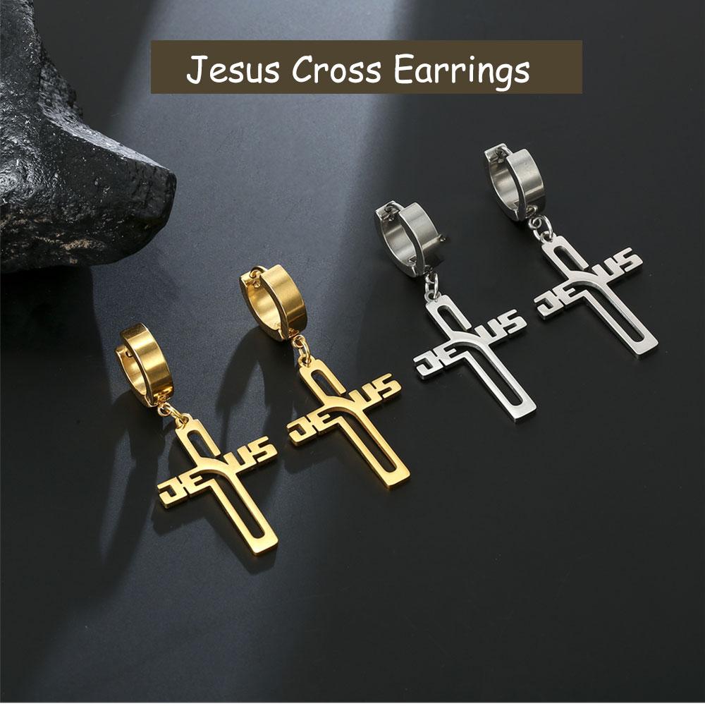 Cazador Punk Jesus Cross Drop Earrings for Men Women Christian Religious Stainless Steel Earrings Jewelry Mother's Day Gift