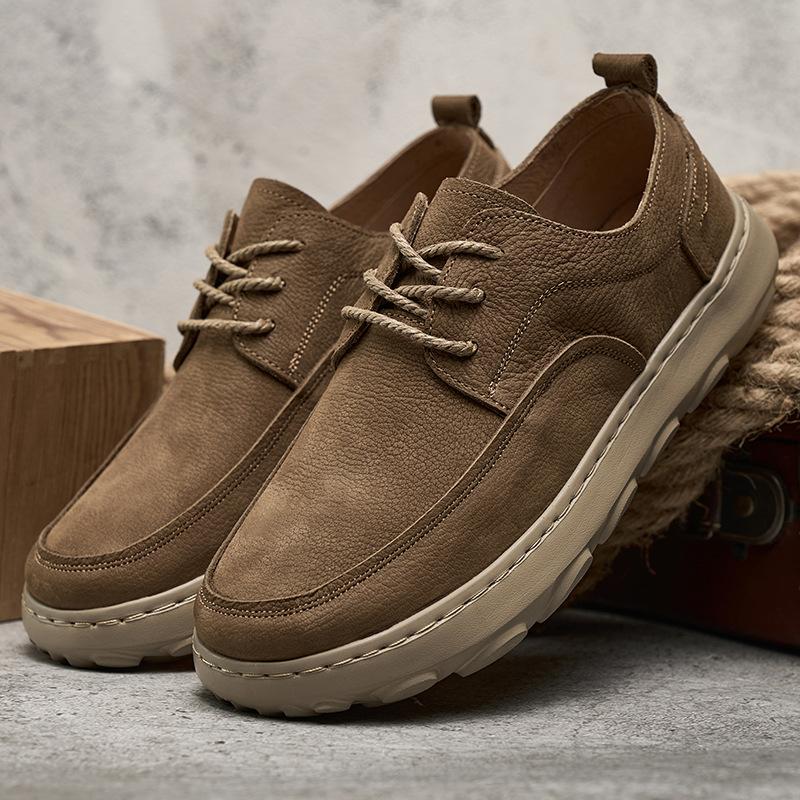 Spring New Genuine Leather Shoes for Men with Lace Up Retro Solid Sole Lightweight Casual and Easy To Wear Shoes with Thick Sole