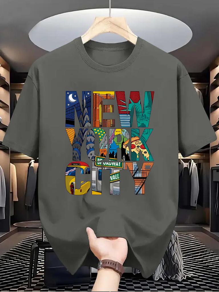 Men'S Casual Crew Neck T-Shirt with New York Letter Print, Knit Fabric, Slight Stretch, Regular Fit, Summer Short Sleeve Top