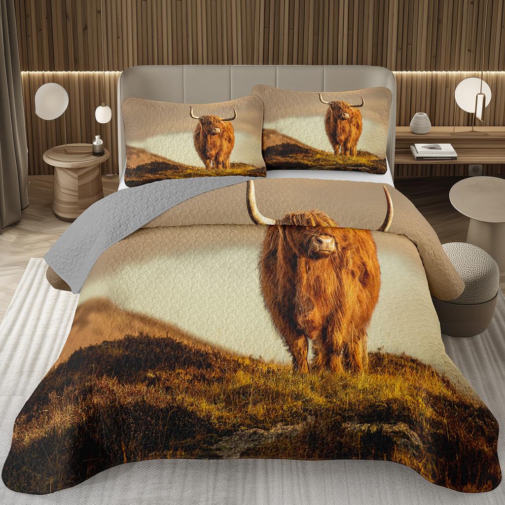 Hochlandkuh Tagesdecke Twin/King Bauernhoftier Stier Rind Überwurf Rustikaler Landhausstil Gestepptes Bettwäscheset Wendbare Tagesdecken