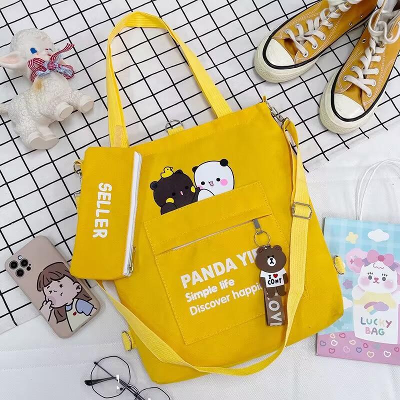

Supply One-shoulder canvas bag Cartoon bear Two-piece set Student double-back canvas bag Crossbody large-capacity tote bag