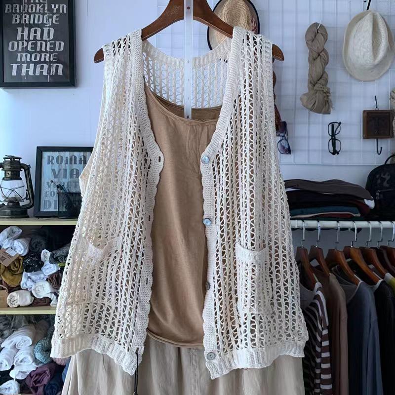 

Винтажный художественный ажурный вязаный жилет – Женский свободный кардиган из хлопка и льна One Size