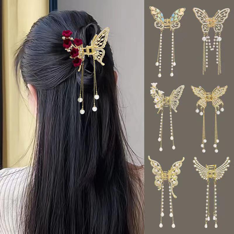 Metal Butterfly Hair Clip Pin Tassel Pendant Pair Accessories Women Simple Hair Claw Clip Butterfly Pearl Tassel Hair Clip