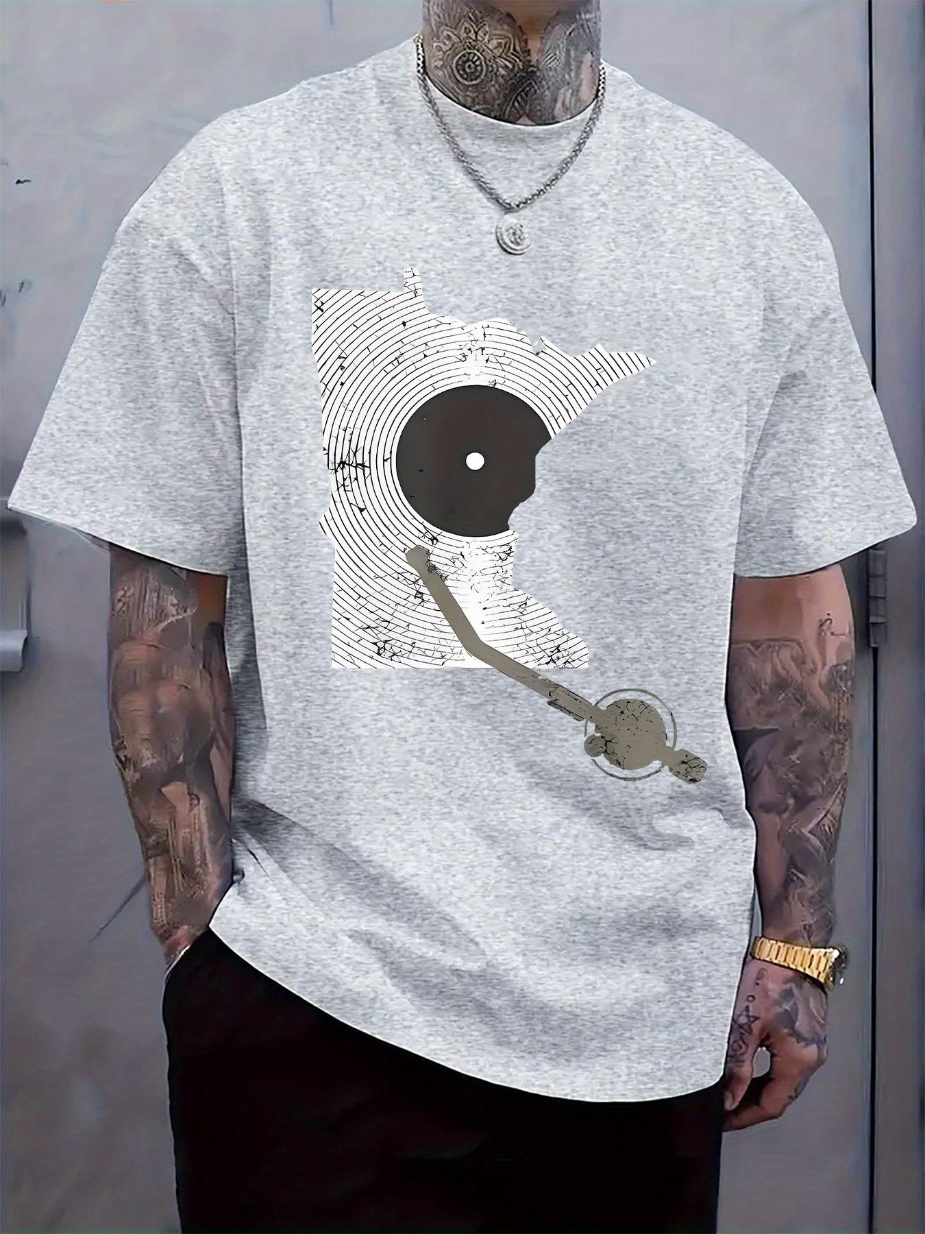 Black Short-Sleeve T-shirt with White Vinyl Record Print - Lightweight Polyester Blend S