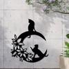 Metal Wall Art Black Cat Crescent Flower Silhouette Durable Indoor Outdoor Home Decor Gift for Cat Lovers