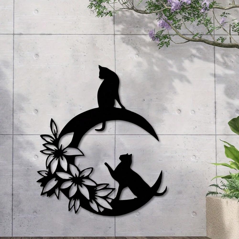 Metal Wall Art Black Cat Crescent Flower Silhouette Durable Indoor Outdoor Home Decor Gift for Cat Lovers