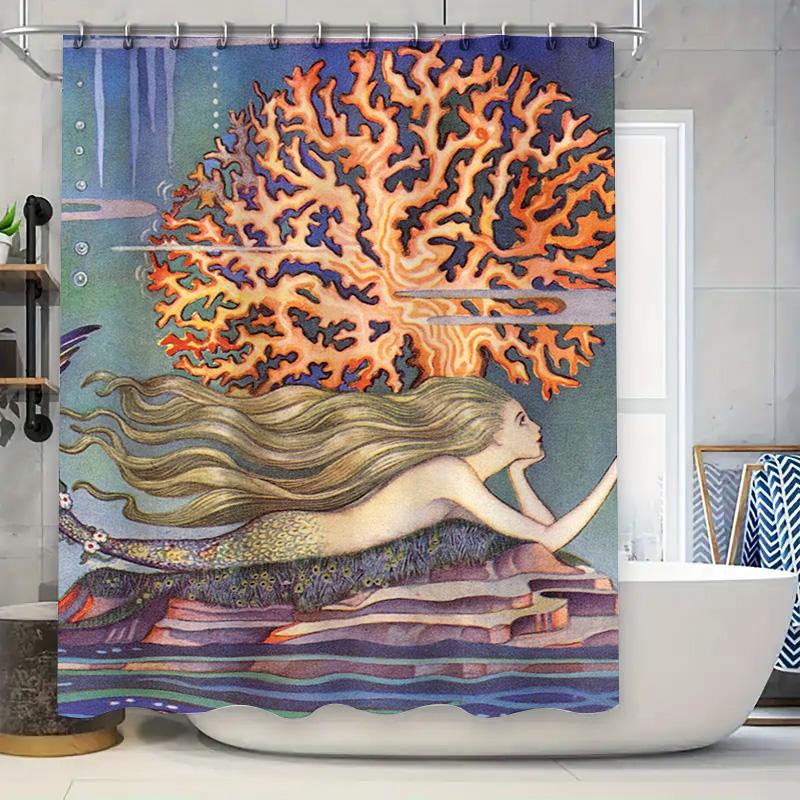 Underwater Fantasy Mermaid Bath Curtain Blue Coral Tree Design for Bathroom Decorations 90x180cm