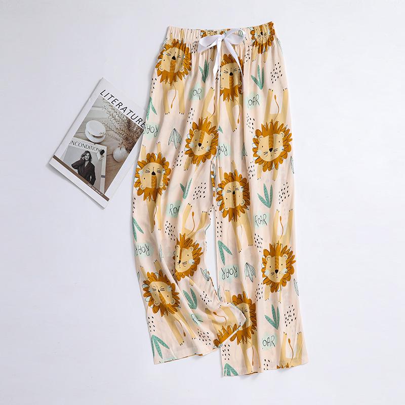 Damen Übergröße Baumwolle Viskose Pyjamahose, Cartoon-Blumendruck, Lockere Neun-Punkt-Strandhose, Outdoor-Bekleidung