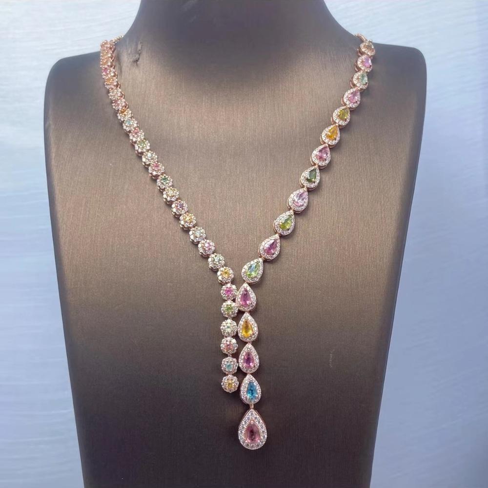 

Luxury Evening Dress Necklace Colorful Zircon Pendant Set with Tourmaline Gemstone for Women