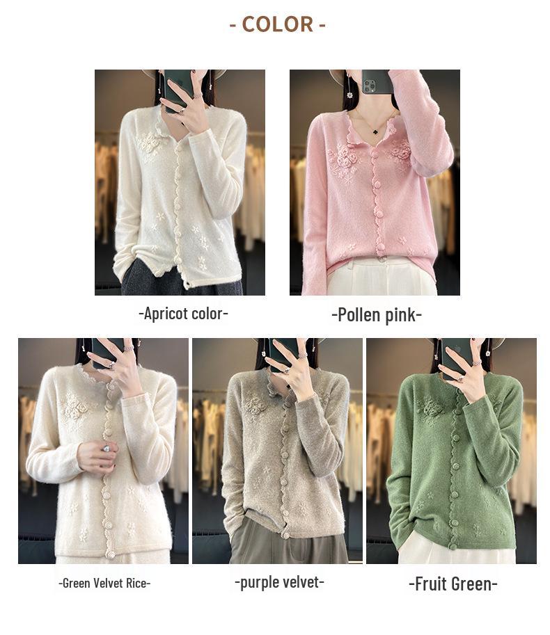 Women's 100% Pure Wool Embroidered Cardigan - Soft, Loose, Solid Color Knit Sweater for Autumn and Winter.