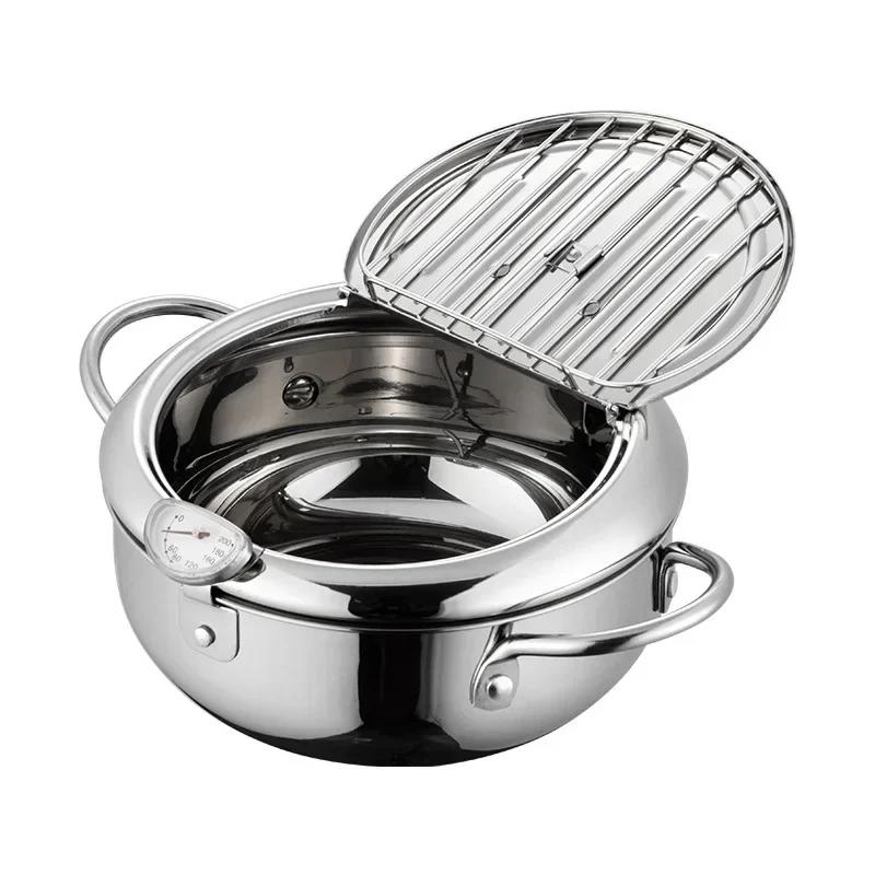 Japanese Deep Frying Pot with a Thermometer and a Lid 304 Stainless Steel Kitchen Tempura Fryer Pan 20 24 Cm