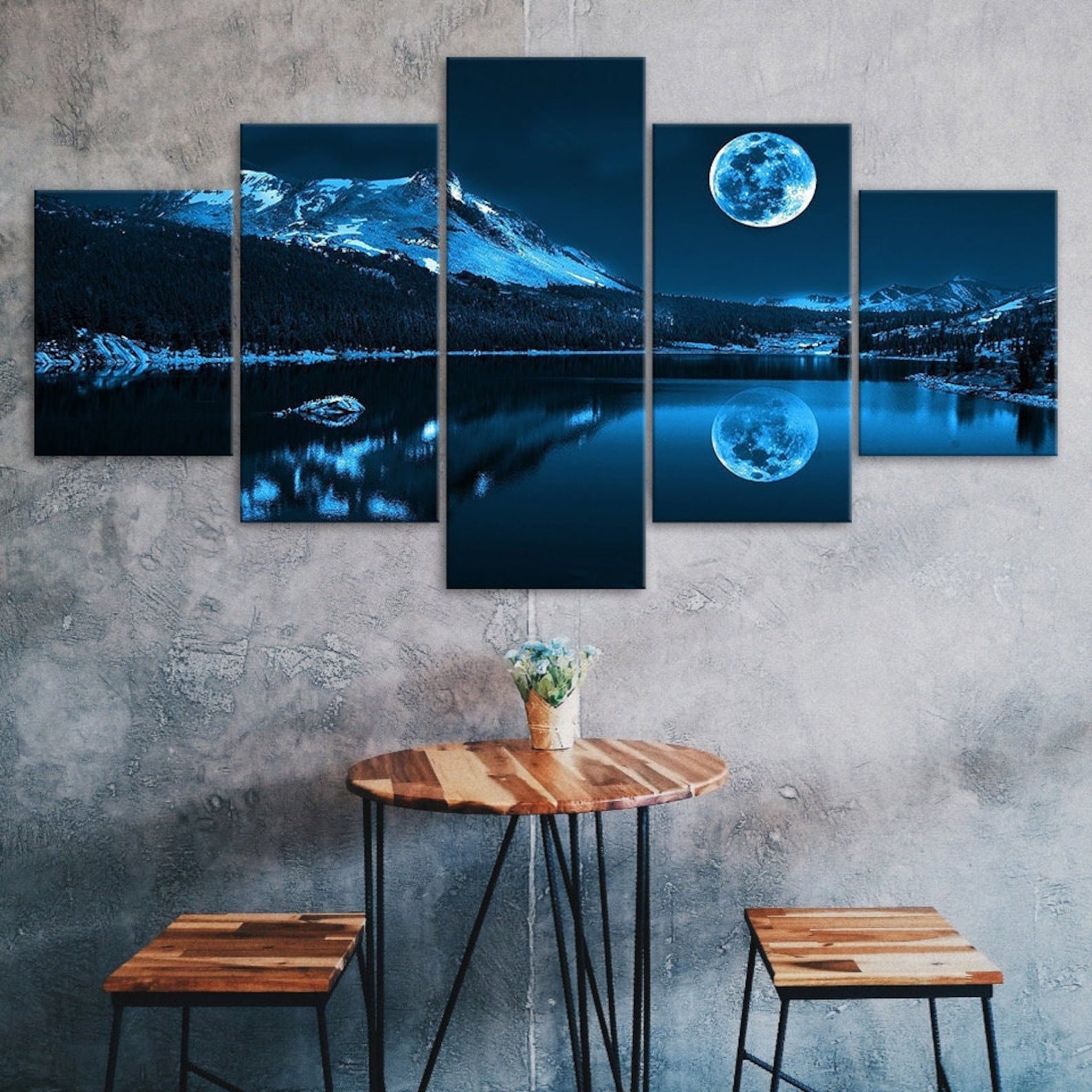 

Full Moon Blue Night Mountain Lake Landscape Scene 5 Piece Five Panel Canvas Print Modern Wall Art Poster Home Decor Gift For Him For Her 20X35 20X45 20X55CM