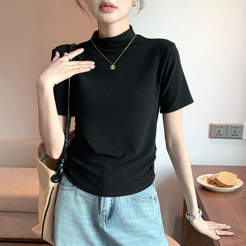 

2026 New Half-Turtleneck Short-Sleeve T-Shirt for Women, Summer Slim-Fit Base Shirt, Casual Top M чёрный