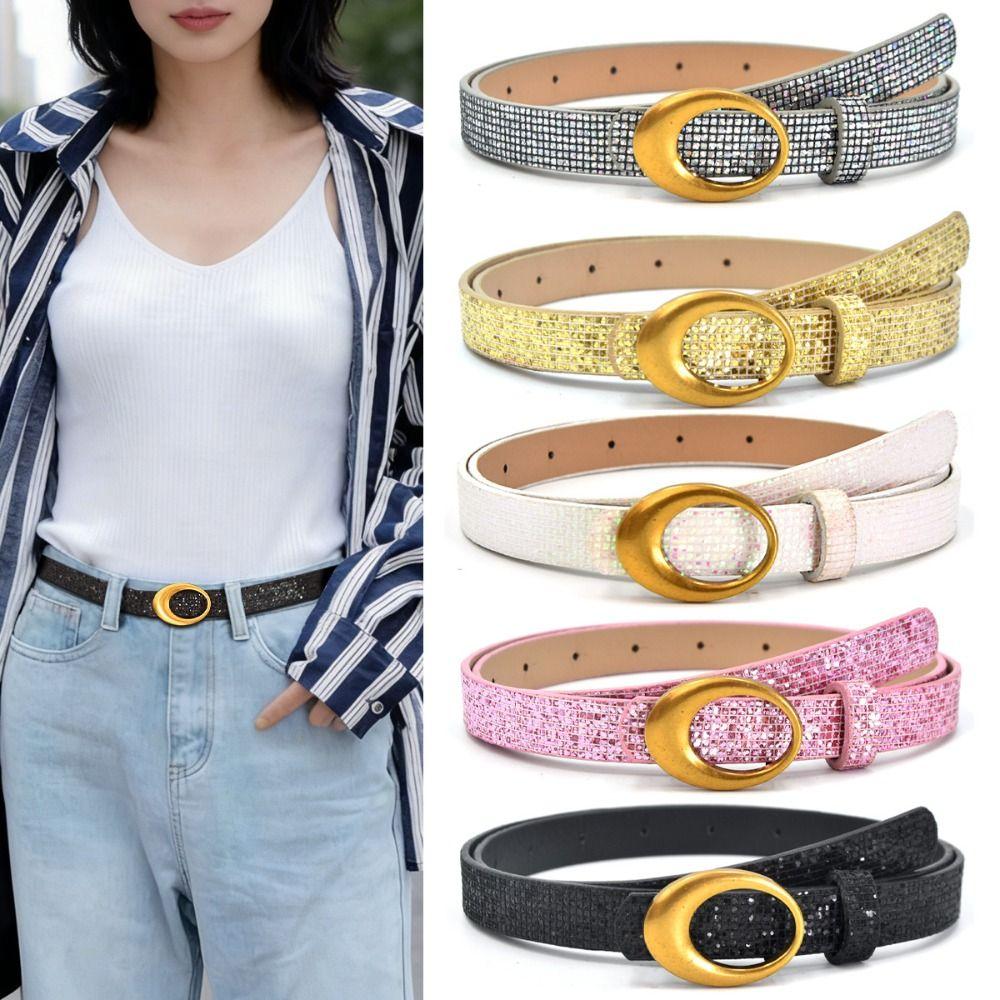 Bling Bling Glitter Rhinestone Belt Versatile Luxury Brand Design O-shaped Buckle Belt Sparkling Vintage PU Leather Belt