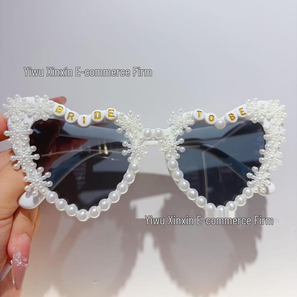Crystal Heart Bride Sunglasses with Rhinestones & Pearls - Women's Bachelorette Party Accessory