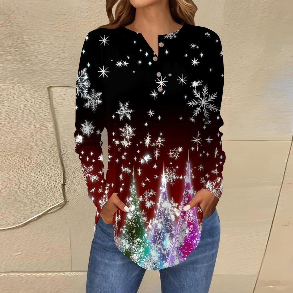 Women's Fashionable Loose-Fit Button-Down Collar Christmas Print Long-Sleeved Top