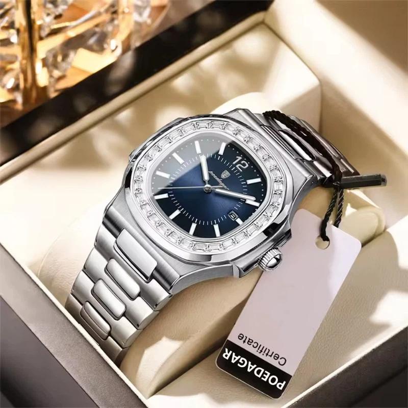 POEDAGAR Luxury Man Quartz Watch Square Watch for Men Waterproof Luminous Date Stainless Steel Watches Sports Clock reloj