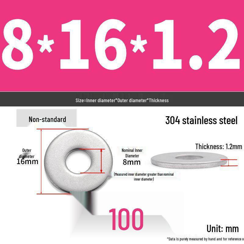 304 Stainless Steel Thickened Flat Washer Ring - Various Sizes (M1.6-M22)