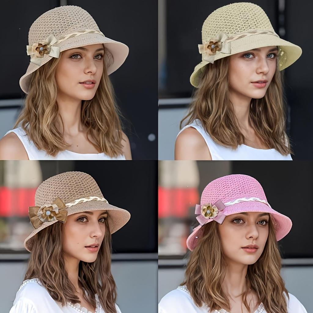 Elegancki damski kapelusz słomkowy z kwiatową dekoracją - Oddychający kapelusz przeciwsłoneczny z ażurowym wzorem, Letni modny kapelusz rybacki na podróże i wakacje na świeżym powietrzu, Kapelusz plażowy
