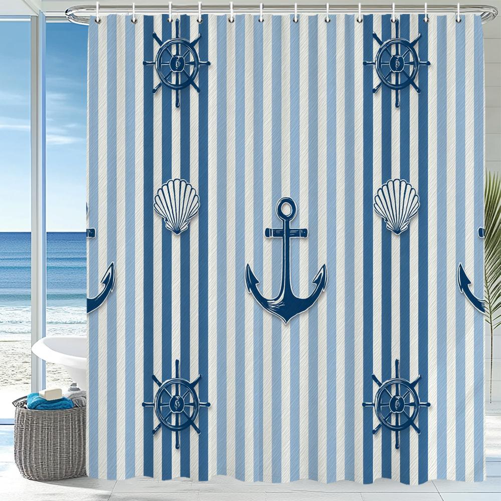 Modern Blue Stripes Sailing Style Shower Curtain, Bathroom Decorative Shower Curtain, Printed Fabric Shower Curtain With Hooks
