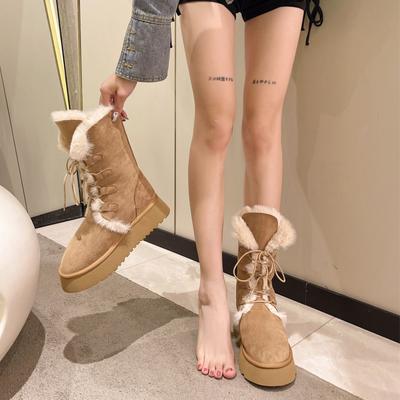 Bottes de neige mi-mollet tendance pour femmes hiver nouveau double usage à lacets empilées épaissies chaudes à semelle épaisse chaussures en coton