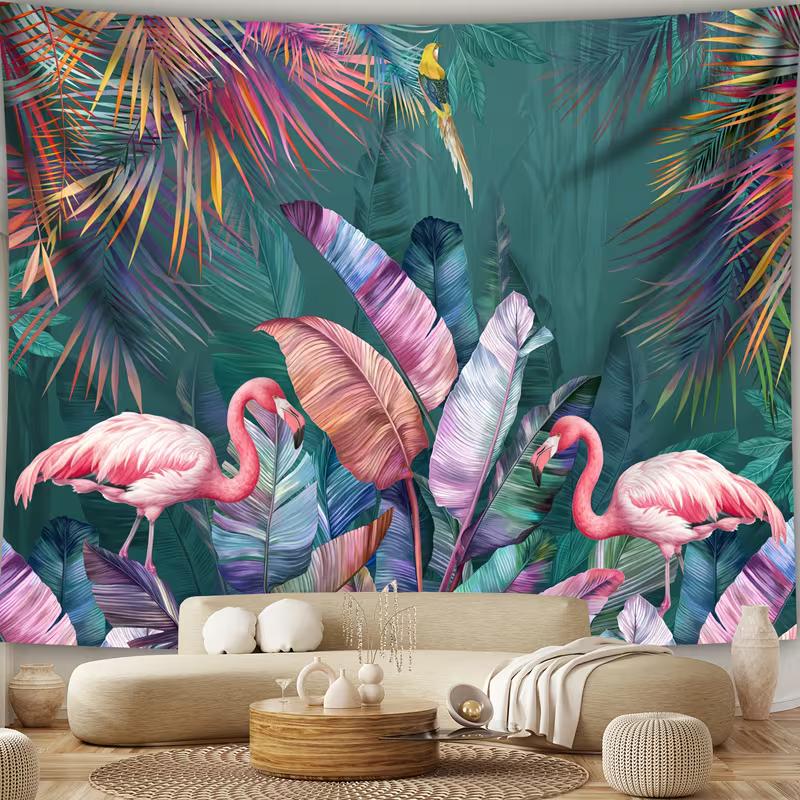 2D Watercolor Flamingo Tapestry Tropical Jungle Scene Wall Hanging