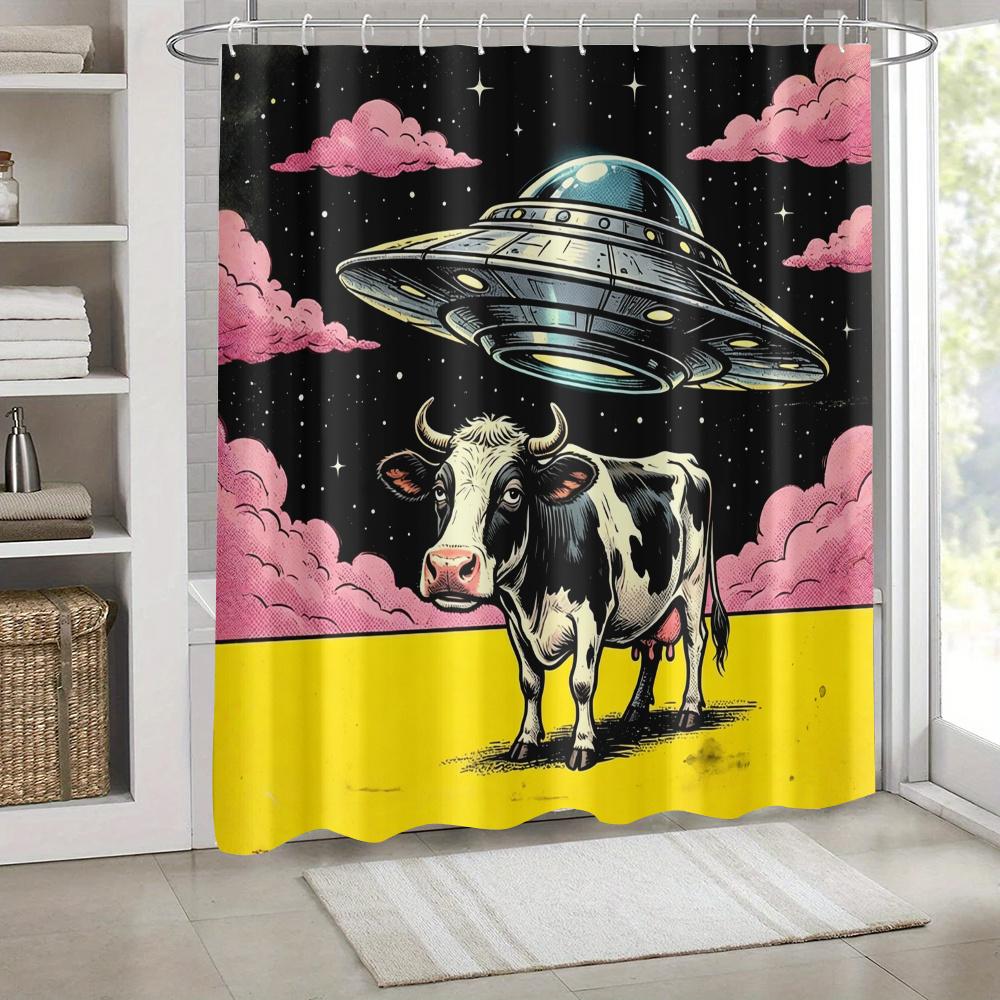 1pc Ufo-Printed Shower Curtain with Cow Pattern, Retro Cyber-Style Home Decoration Bathroom Curtain, Polyester Fabric Bathtub Cu