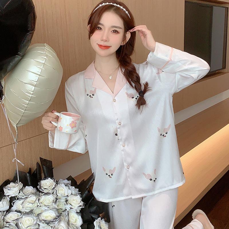 Ice Silk Pajamas Women'S Spring Summer New Long-Sleeved Trousers Casual Loungewear High-End Satin Silk Suit