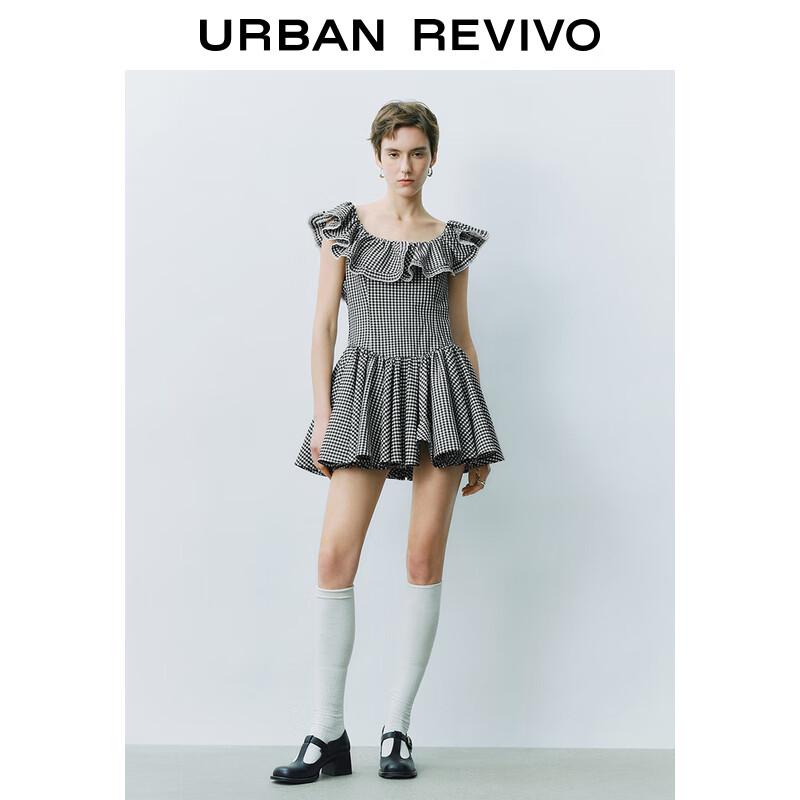 

UR 2025 Spring Color-block Plaid Ruffle-neck Sleeveless Dress L