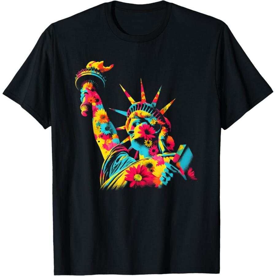 Statue Of Liberty - Floral American Vacation Souvenir T-Shirt S