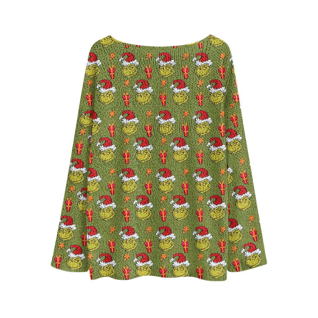 Women's Round Neck Lightweight Sweater Casual Long Sleeve Christmas Print Knit Pullover.