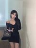 Spice girl long-sleeved new autumn and winter dress black backing irregular waist short skirt slim and thin