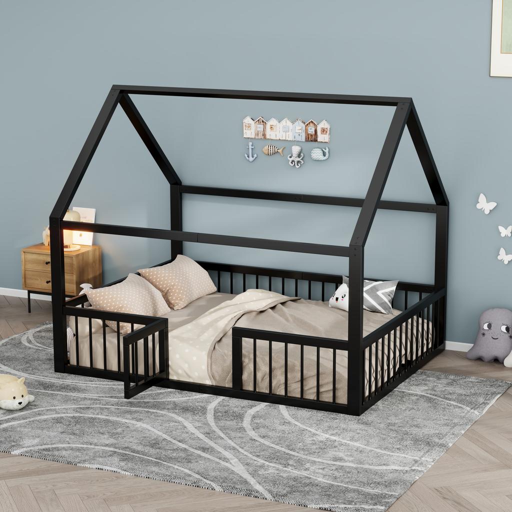 Flat bed, metal bed, 140 x 200 cm, metal bed frame, iron bed, children's bed, without mattress, house decorative trim, parapet, black