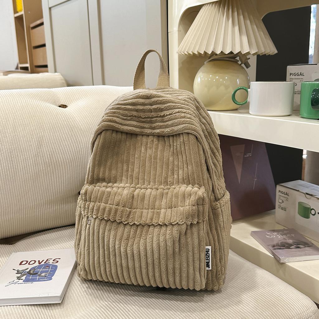 Schoolbag Solid Color Corduroy Backpack Bag Women's New 1011 Fashion Simple Small Backpack Casual Student Going Out Schoolbag