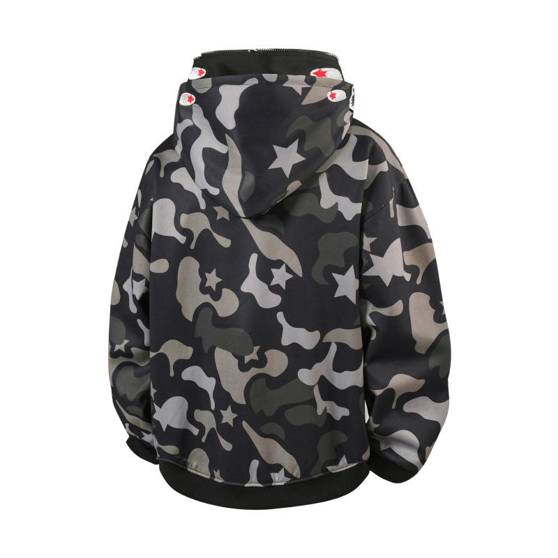 High Street Double Hat Camouflage Shark Zipper Sweater Men's and Women's Niche Design Sense Bf Wind Towel Embroidered Long-sleeved Hoodie