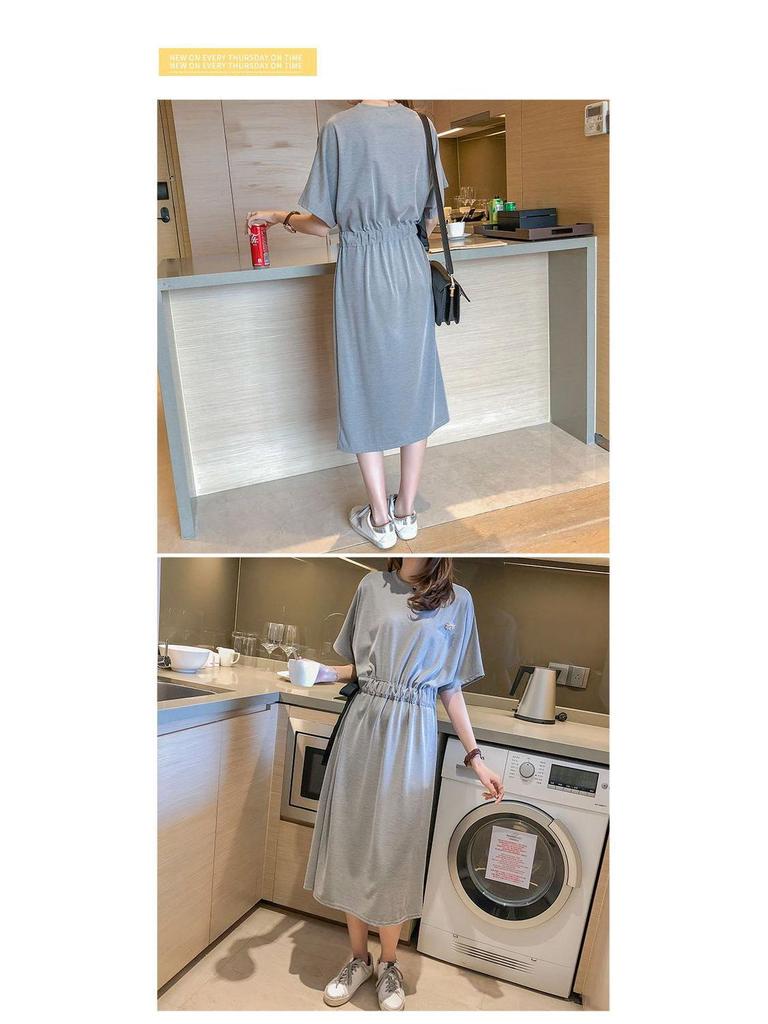 Korean Style Summer Plus Size T-Shirt Dress with Tie Waist and Knee-Length Skirt